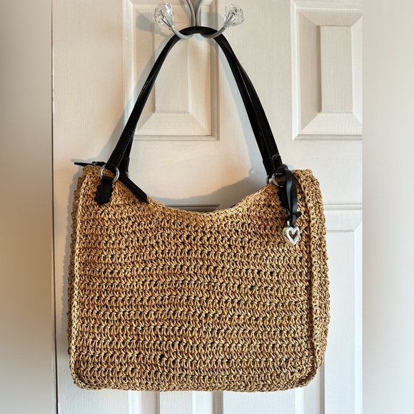 Brighton straw purse/tote, black & white leather bow. Zipper and inside pockets - Picture 4 of 14